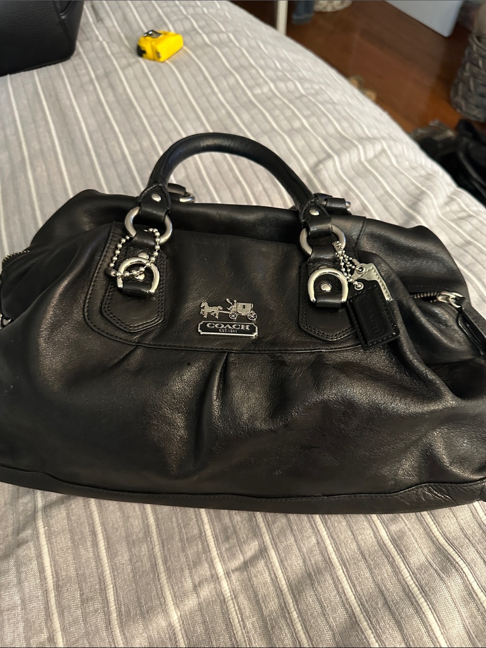 Coach Black Leather Satchel with Silver Hardware and Charm